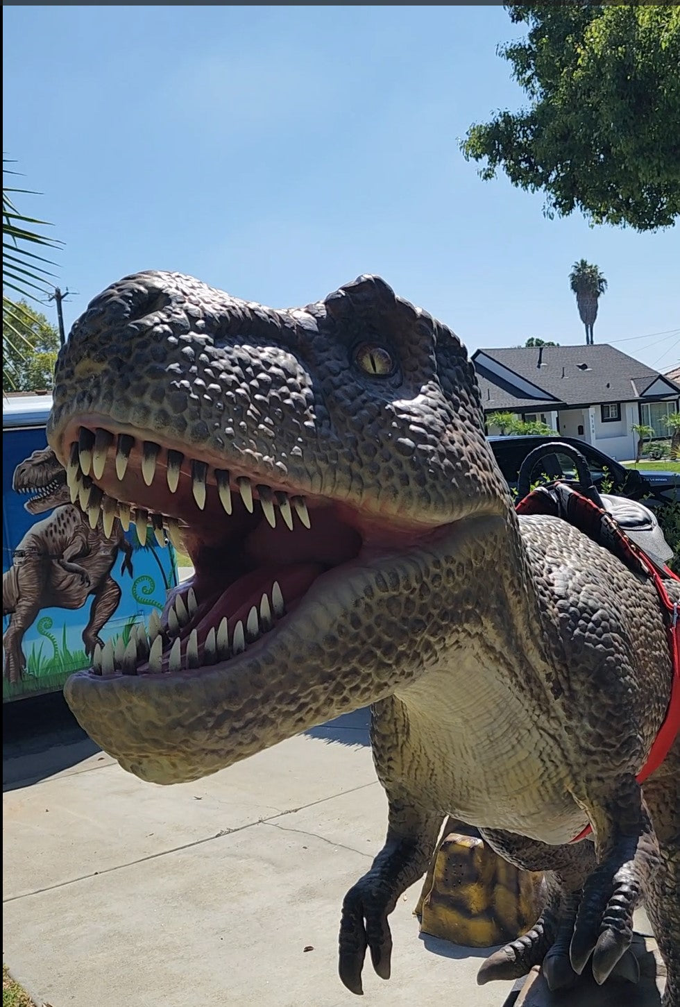 Load video: Realistic Roaring and Moving T Rex Ride that you can rent for your next party or event!